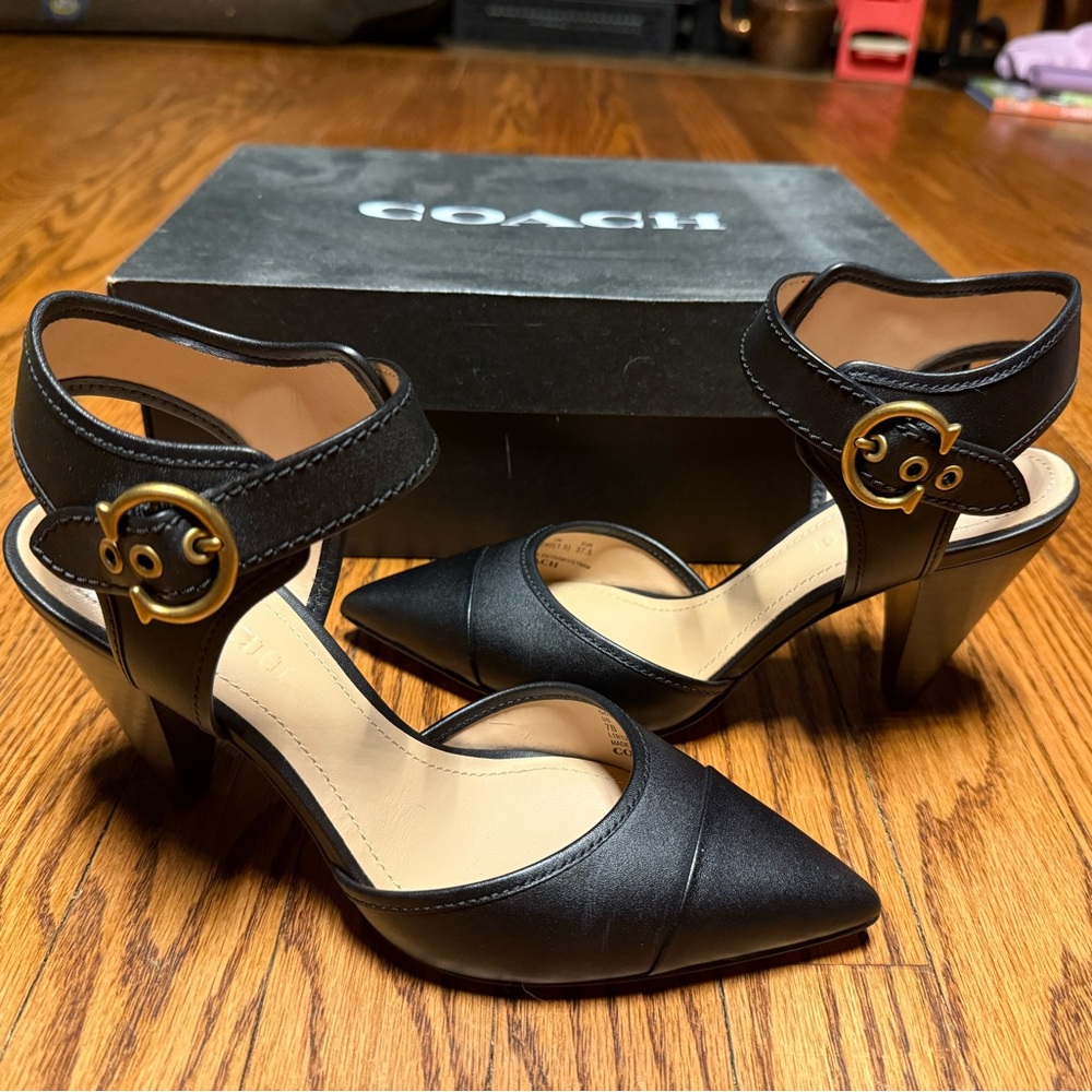 Coach Black Ankle Strap Heels with Gold C Buckles